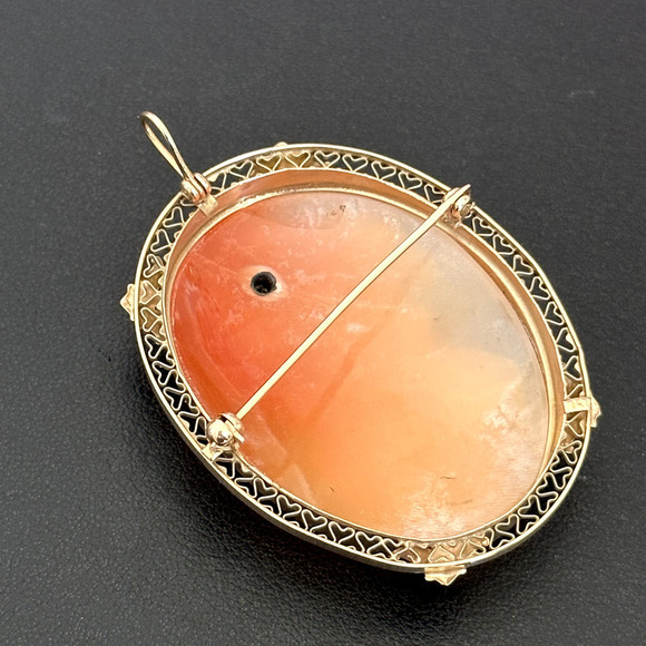 Vintage 14K Yellow Gold Large Hand Carved Shell Cameo Diamond Brooch Pin Pendant - Picture 7 of 11